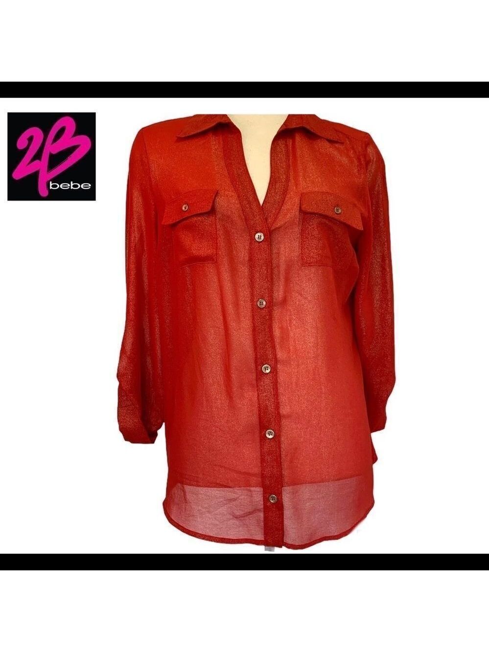 2B BEBE Red gold sheer cutout draped back blouse L